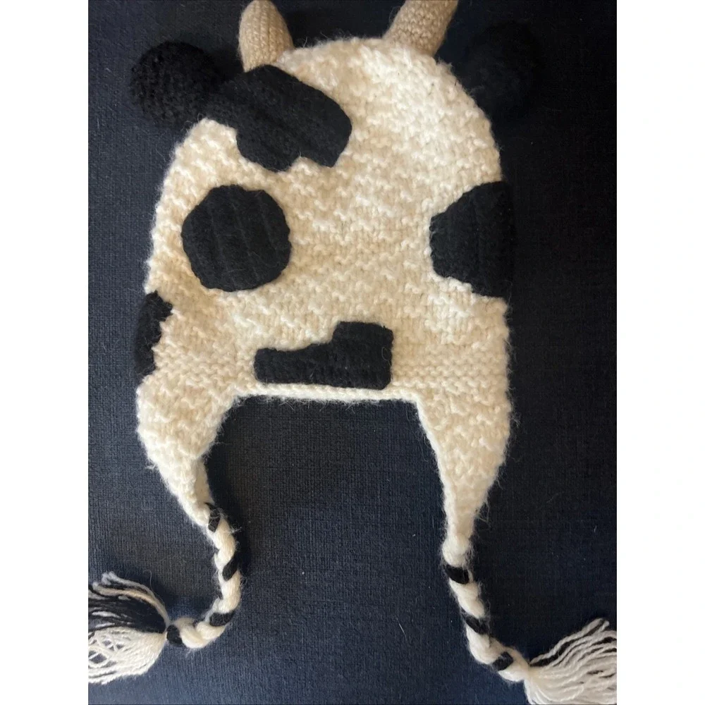 Andes Gifts Kids Cow Knit Trapper Hat Alpaca Blend Earflap White Black 1-2Y